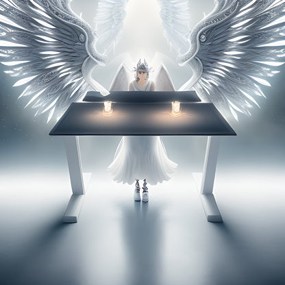 Ai image of a black desk with a white frame and an angel with spreaded wings and a white LED glow.