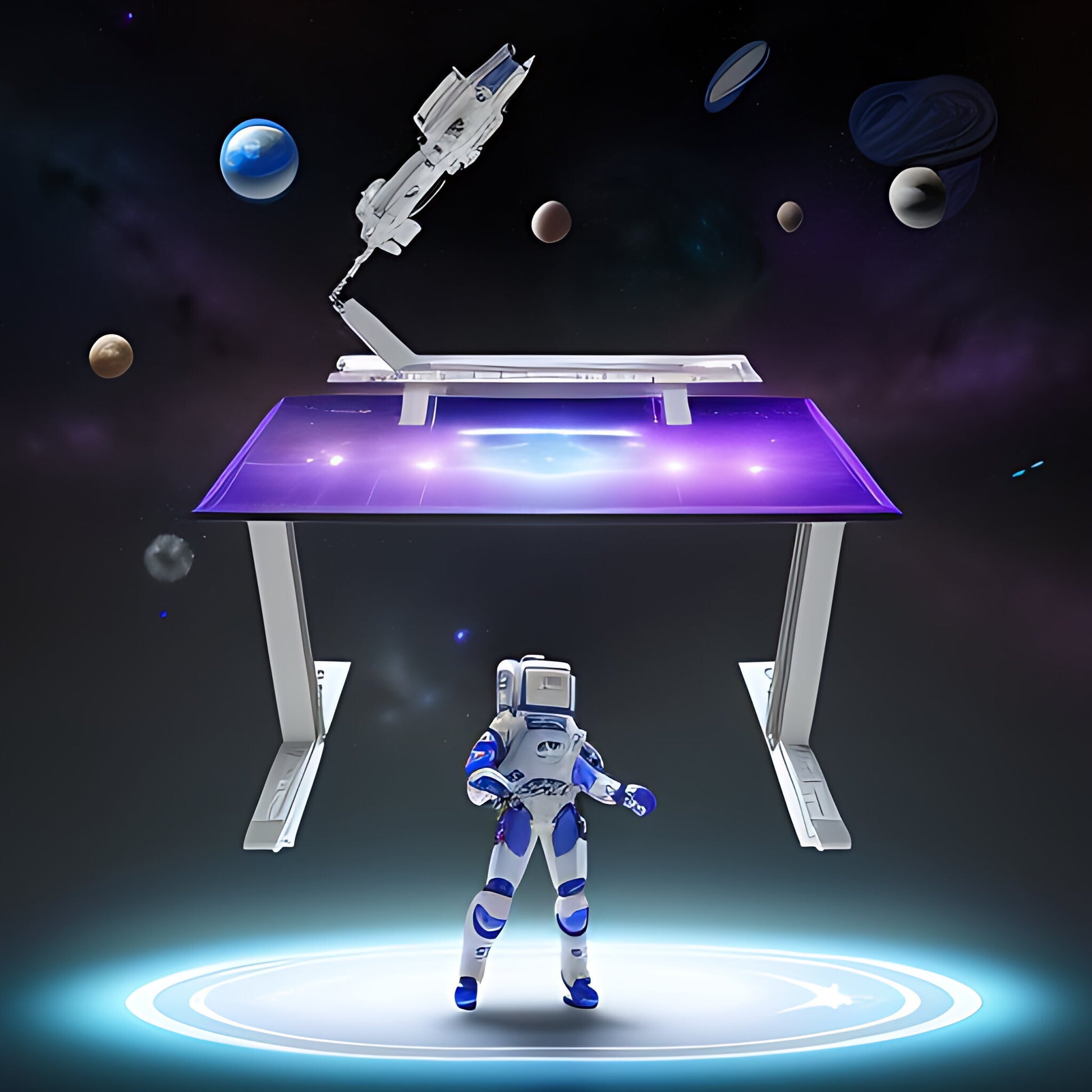 Ai image of a white desk with an astronaut in space surrounded by planets.